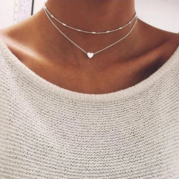 5 ⭐️ Classic Choker Style multi layered heart necklace, silver - Picture 1 of 6
